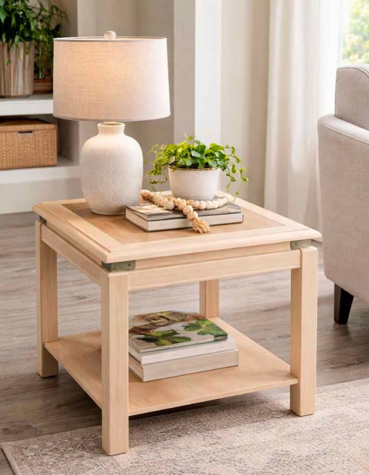 Wood end table with shelf + brass corners - photo 2
