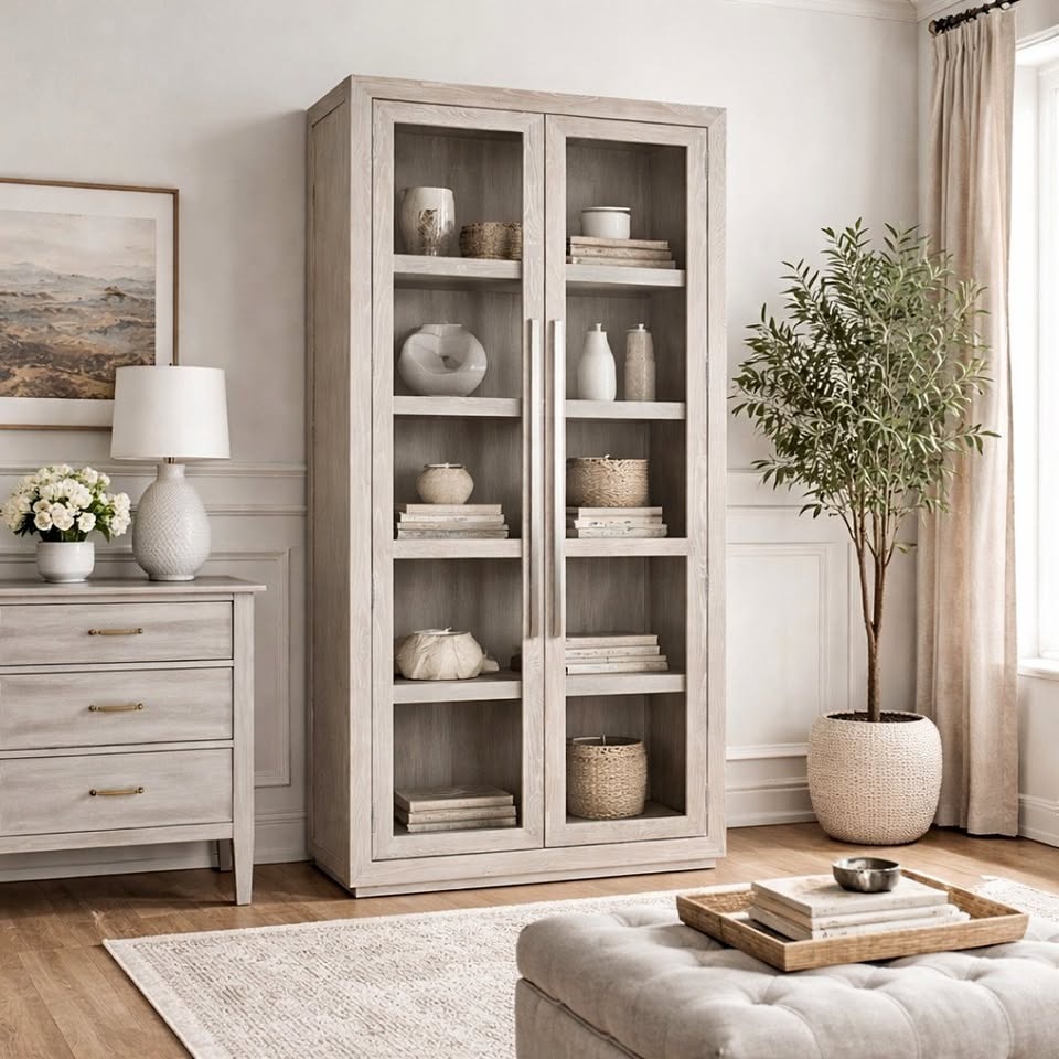Glass Door Display Cabinet – Light Oak Finish