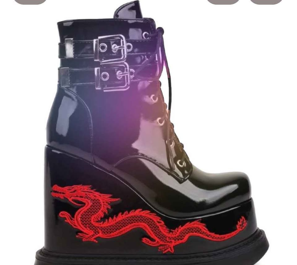 NEW Fashion Buckles Dragon Embroider Wedge Boots Gothic Size 8 - photo 2