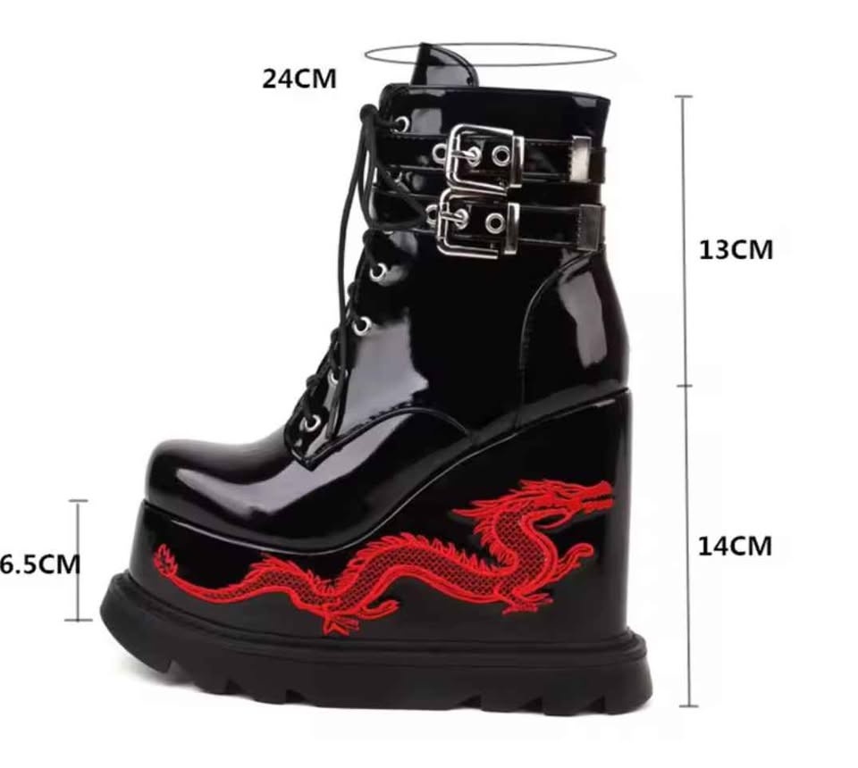 NEW Fashion Buckles Dragon Embroider Wedge Boots Gothic Size 8 - photo 3