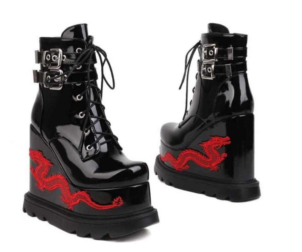 NEW Fashion Buckles Dragon Embroider Wedge Boots Gothic Size 8 - photo 5