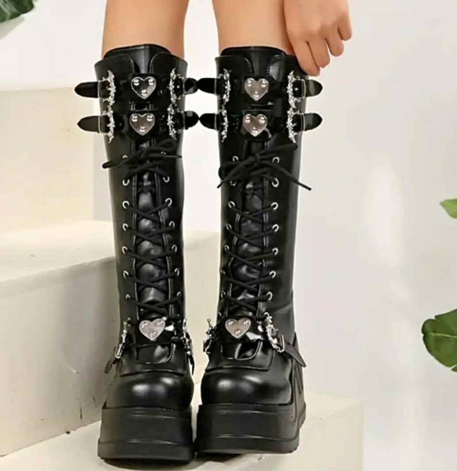 Gothic Bat Buckle Platform Boots - Mid-Calf Motorcycle Style