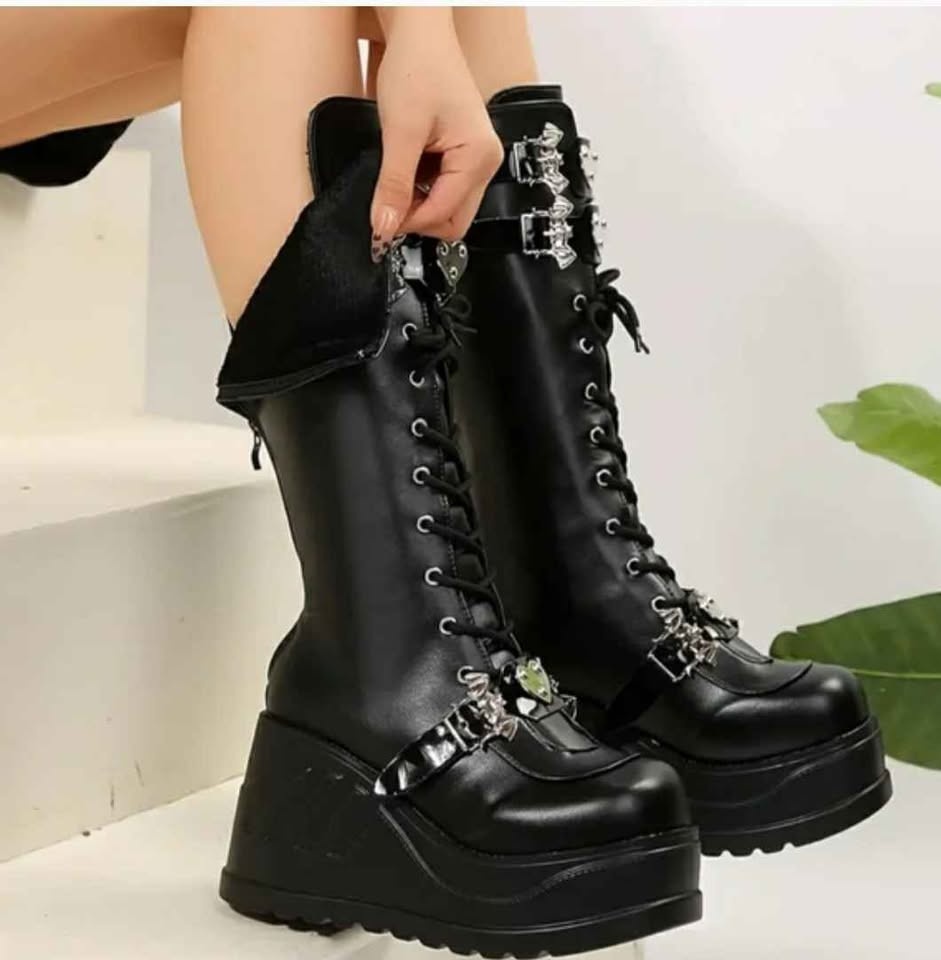 Gothic Bat Buckle Platform Boots - Mid-Calf Motorcycle Style - photo 2
