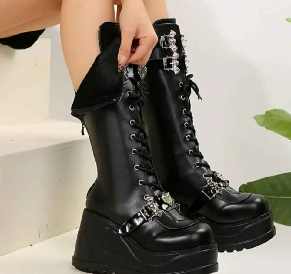 Gothic Bat Buckle Platform Boots - Mid-Calf Motorcycle Style - photo 3