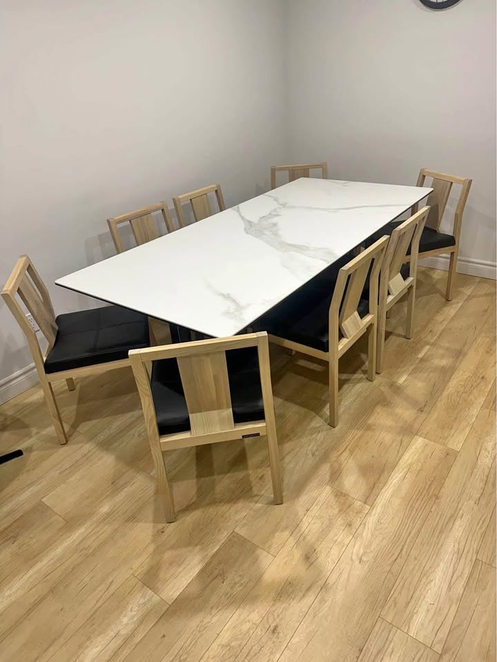 Elegant Dining Table Set with 8 Wooden Chairs – White & Black