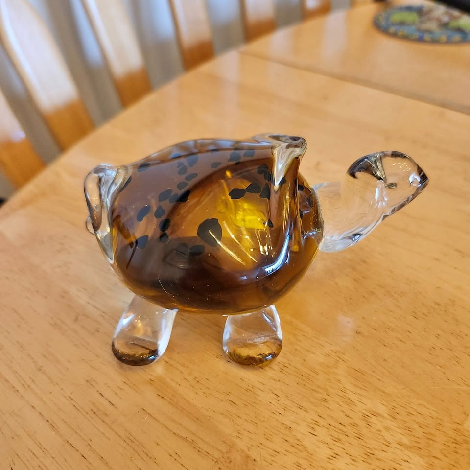 Golden Amber and Clear Glass Turtle Paperweight Figurine, Decor