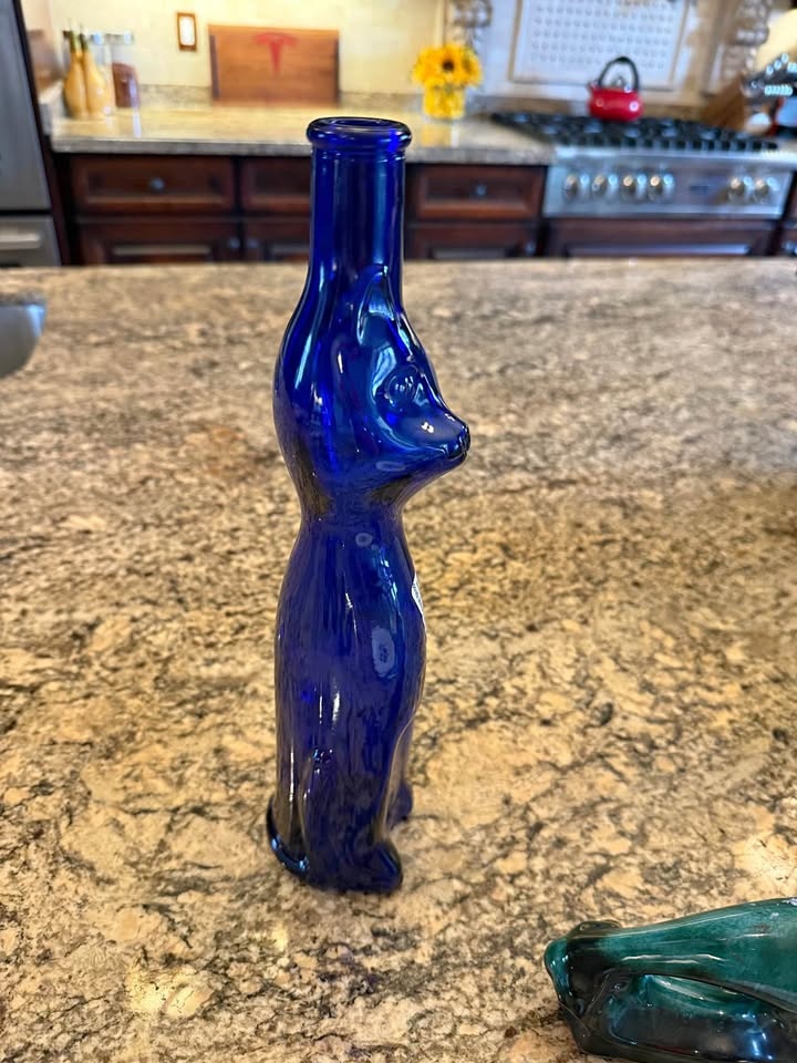 Vintage Cobalt Blue Mosel Cat Shaped Bottle