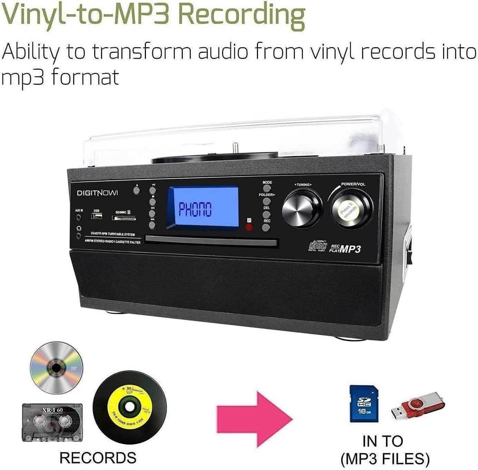 DIGITNOW Bluetooth Record Player Turntable w/ CD, Cassette, Radi - photo 4