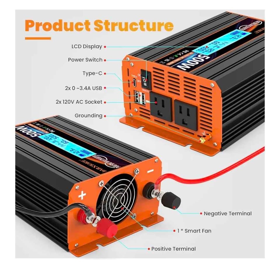 500W Pure Sine Wave Power Inverter DC 12V to AC 110/120V - photo 2