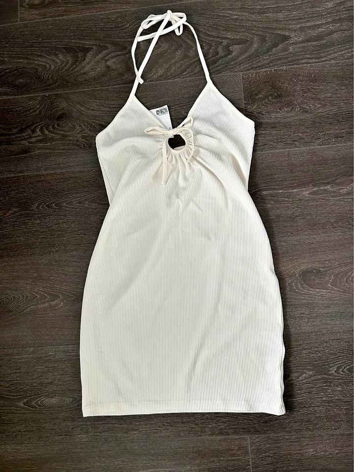 Cream Ribbed Halter Neck Mini Dress M BRAND NEW WITH TAG