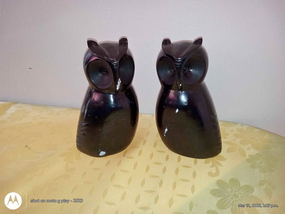Heavy Black Carved Soapstone Owl Figurines Vintage