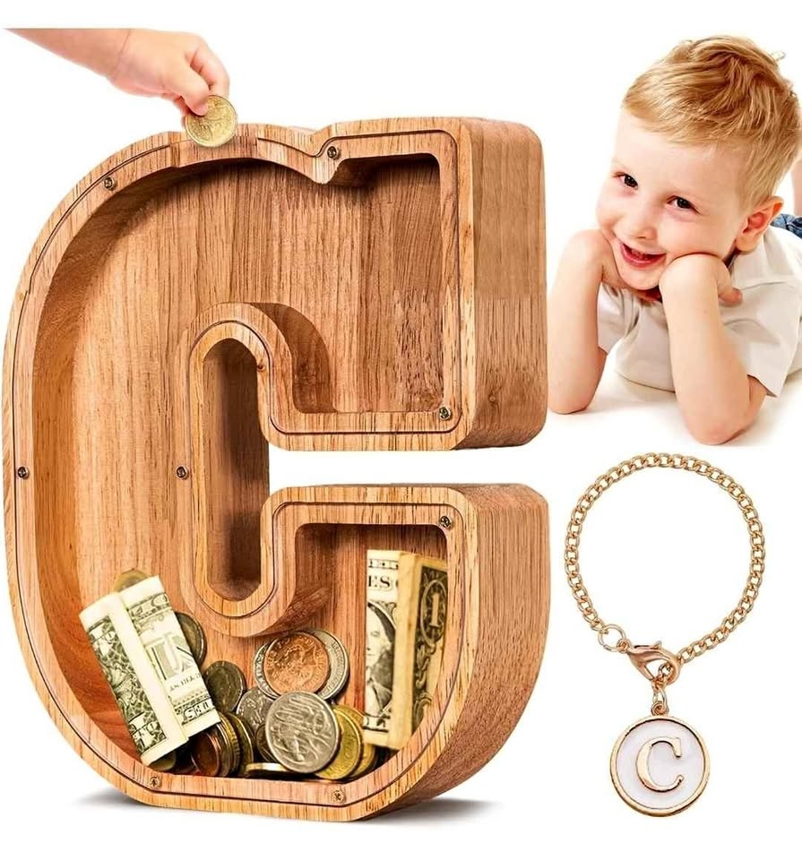 Wooden Letter "C" Piggy Bank - Kids Money Saving Bank