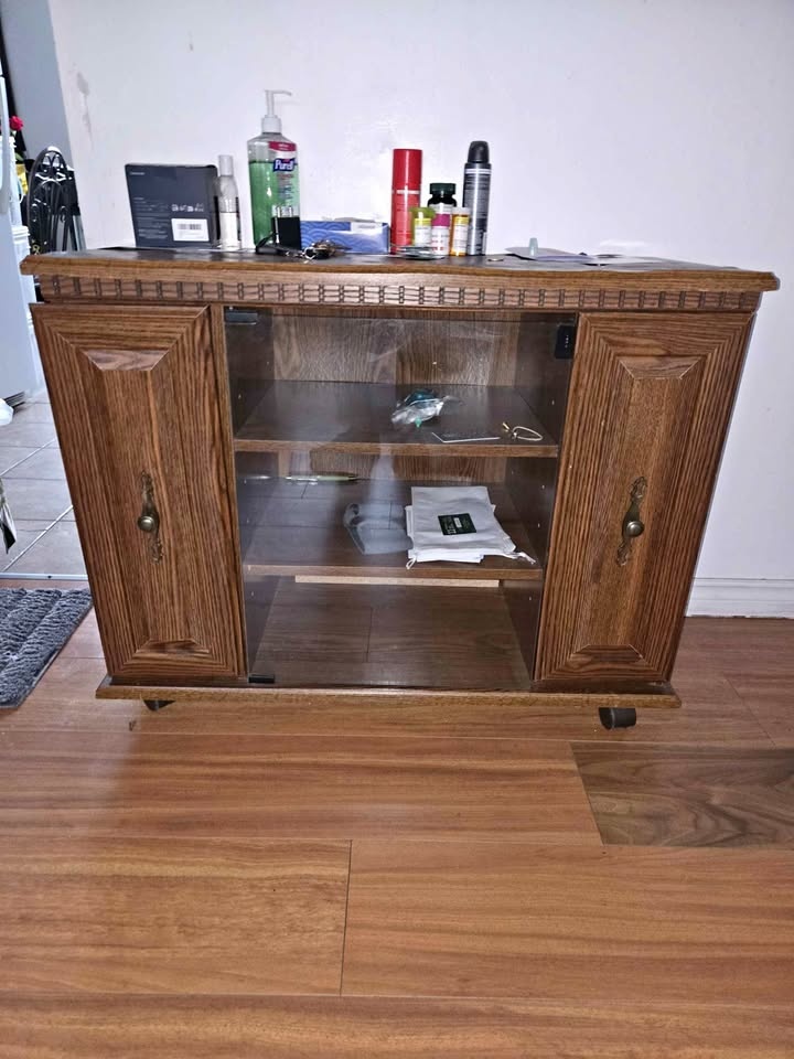 Wooden Cabinet Glass Doors Drawers On Wheels