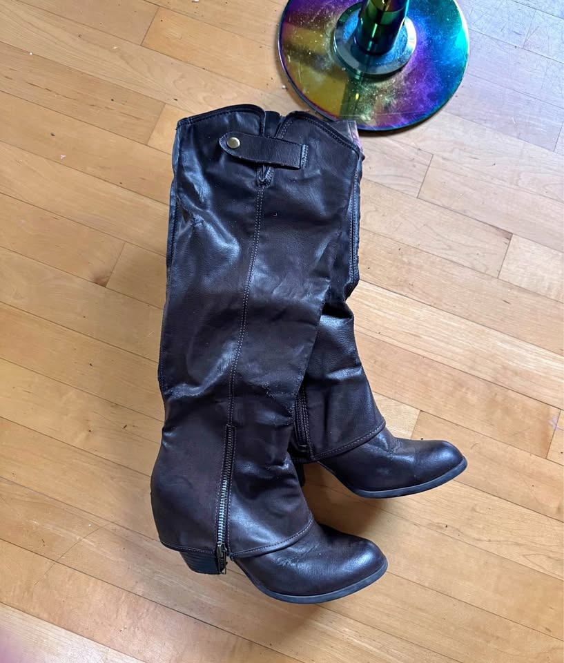 Brown & Gray Long Boots with Chunky Heels