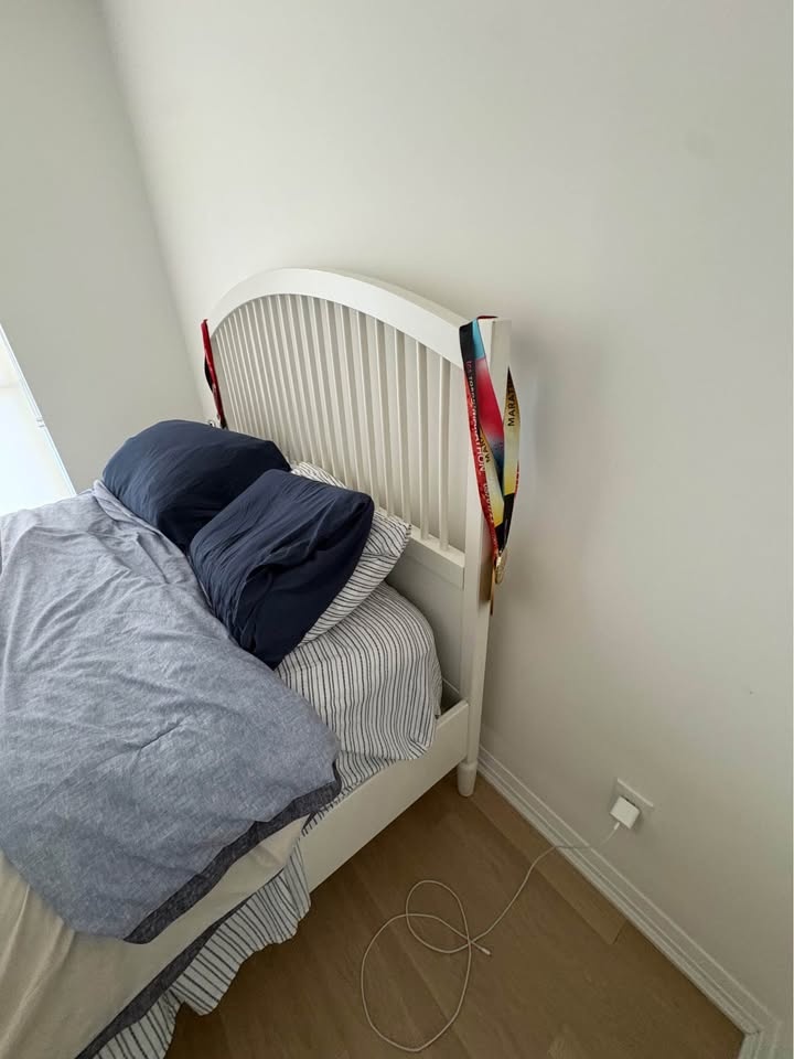 White solid wood Bed Frame with Headboard, and mattress - photo 3
