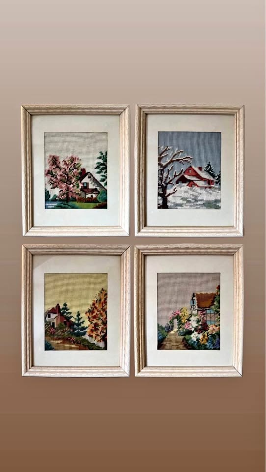 Vintage Four Seasons Framed Needlepoint Set