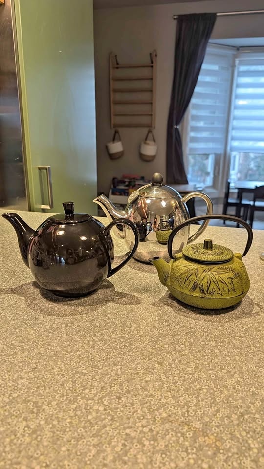 3 Teapots - Black Ceramic, Silver, Green Cast Iron