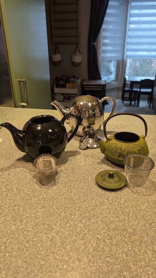 3 Teapots - Black Ceramic, Silver, Green Cast Iron - photo 2