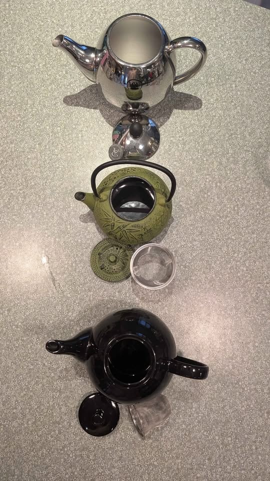 3 Teapots - Black Ceramic, Silver, Green Cast Iron - photo 3