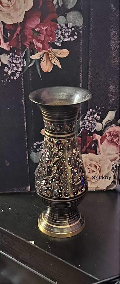 Vintage Etched Brass Indian Ornate Vase