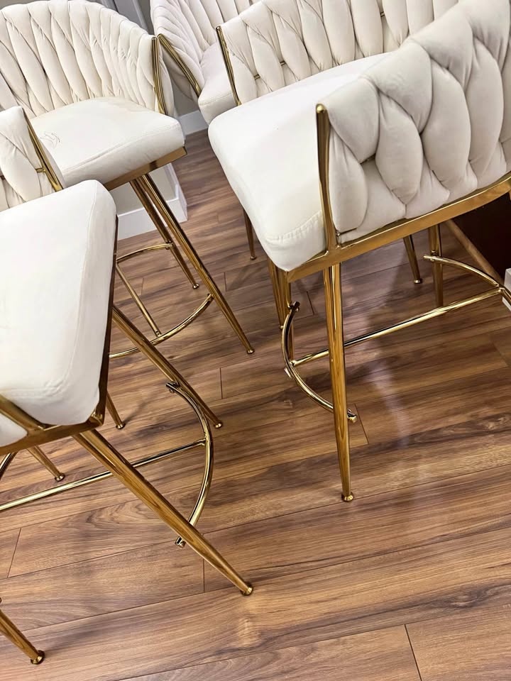 Set of 4 Elegant White Velvet Bar Stools with Gold Legs