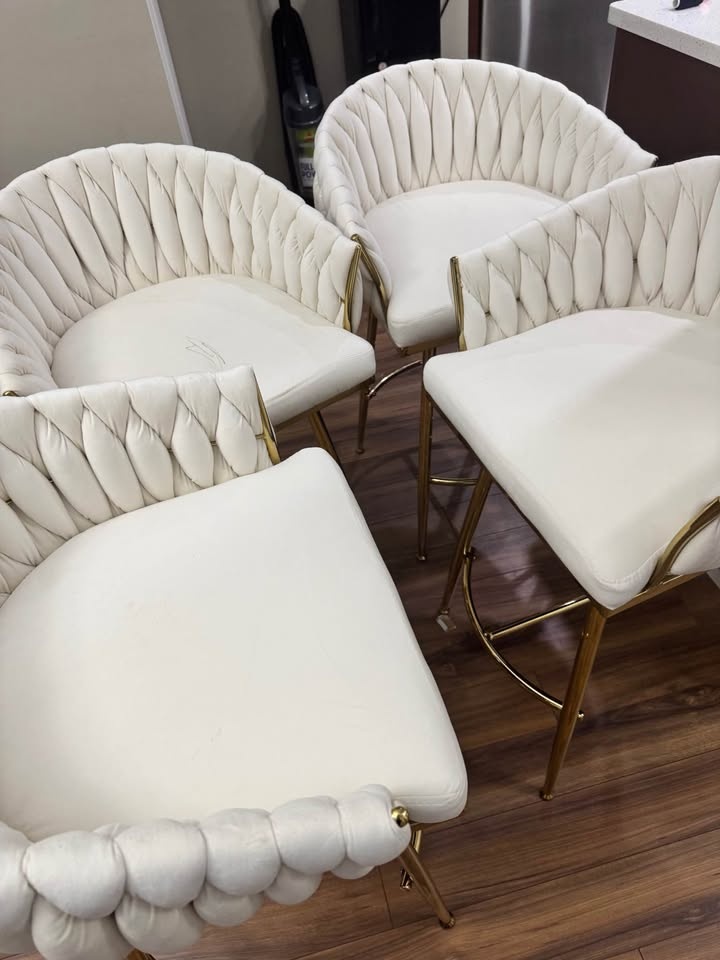 Set of 4 Elegant White Velvet Bar Stools with Gold Legs - photo 2