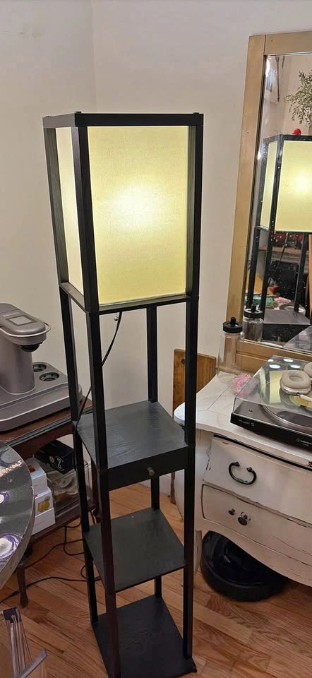 Black Floor Lamp with Shelves and Drawer