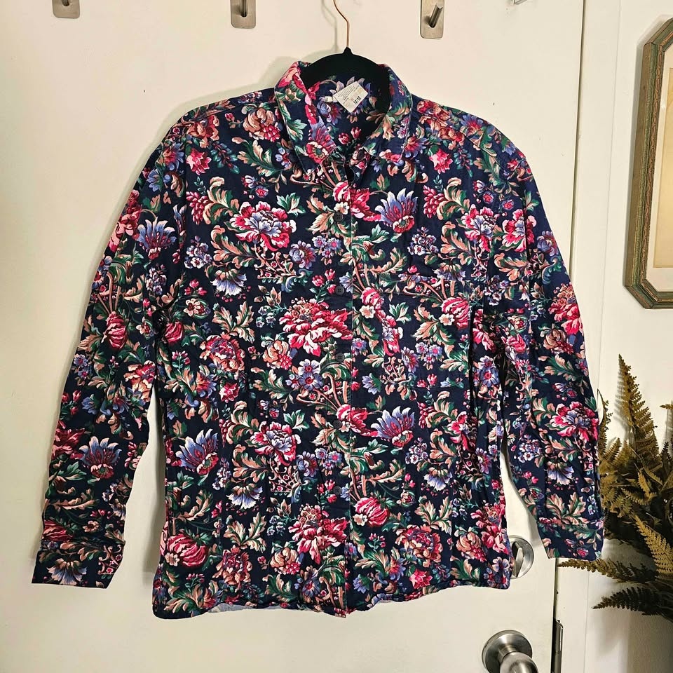 Vintage 90s Botanical Floral Navy Blue Cotton Button Up Shirt M - photo 2