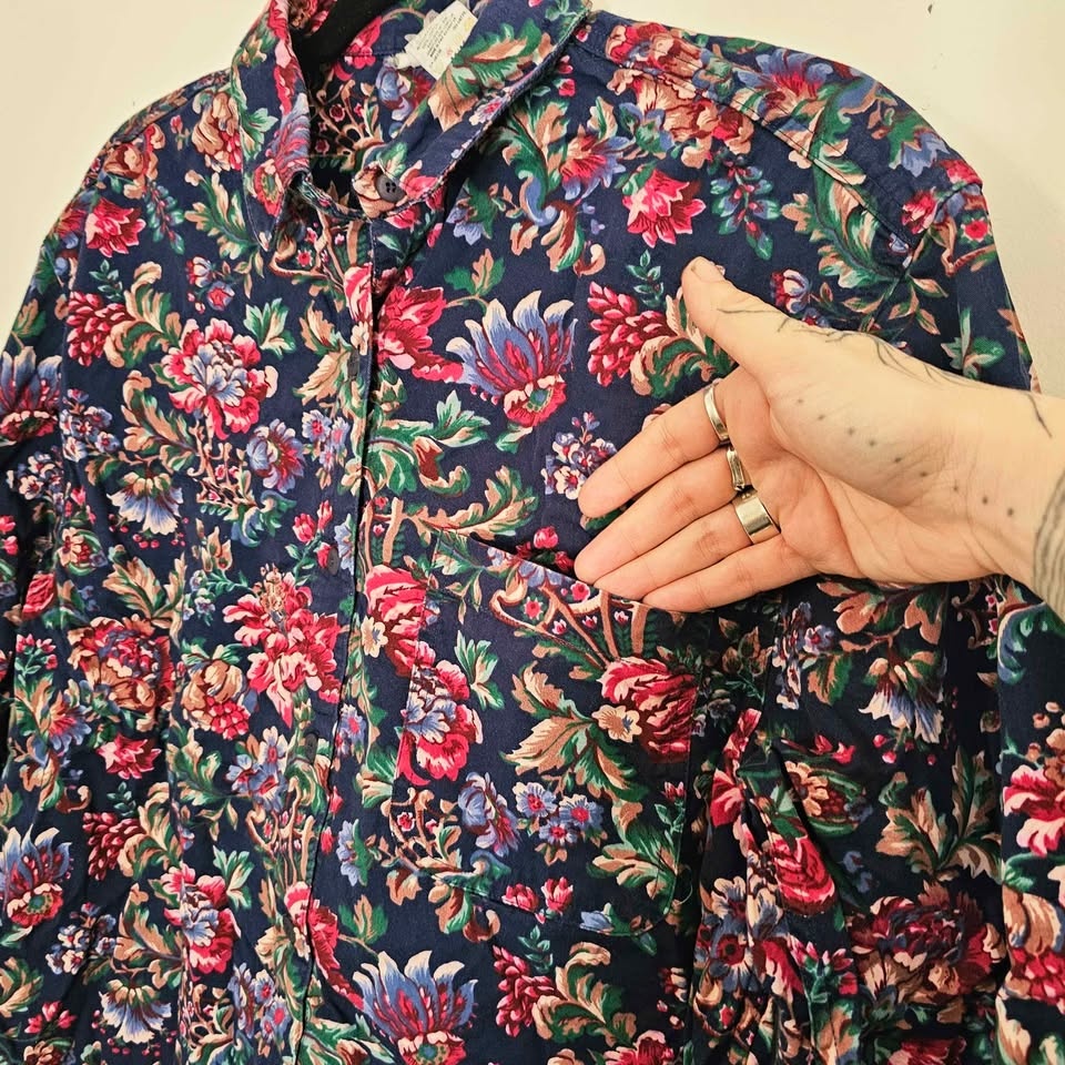 Vintage 90s Botanical Floral Navy Blue Cotton Button Up Shirt M - photo 3