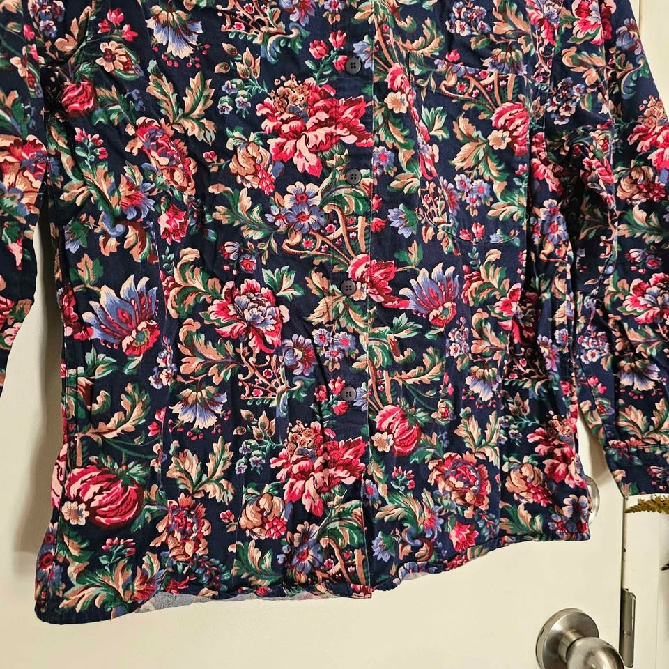 Vintage 90s Botanical Floral Navy Blue Cotton Button Up Shirt M - photo 4