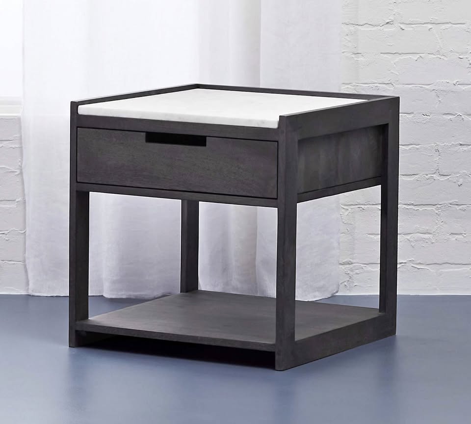 Pair of CB2 Tux Dark Wood & Marble Top Nightstands