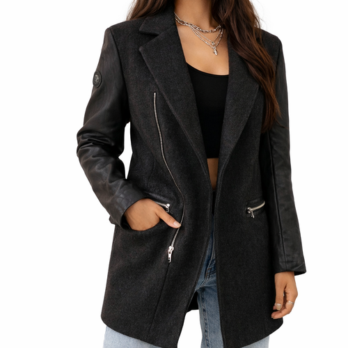 DIESEL Vintage Unisex Overcoat Blazer-Style Black Wool & Leather