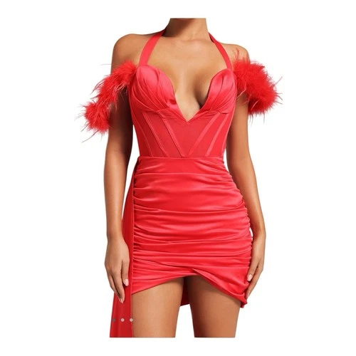 Bella Barnett Lala Halterneck Feather Satin Mini Dress - Red Siz - photo 3