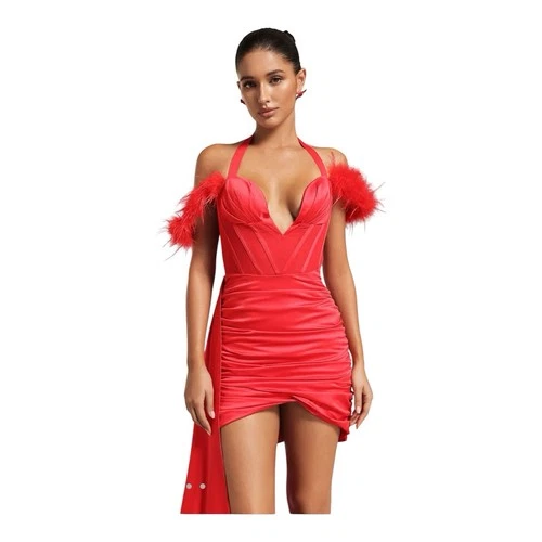 Bella Barnett Lala Halterneck Feather Satin Mini Dress - Red Siz - photo 5