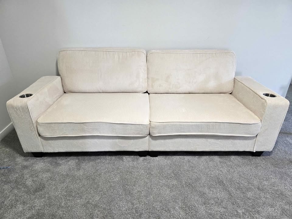 Fabric 3 Seater Sofa with Spring Cushion and Cup Holder