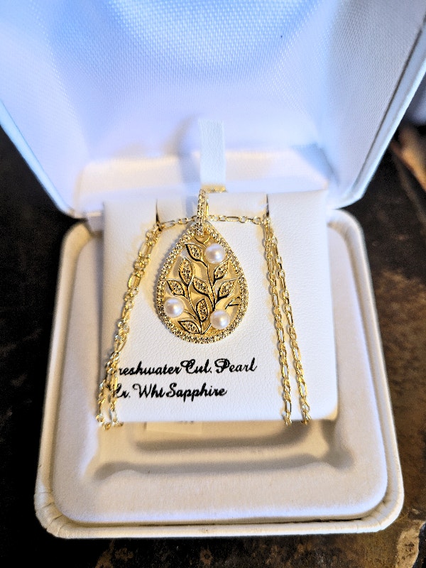 18k Gold Over Sterling Silver Pearl & White Sapphire Necklace