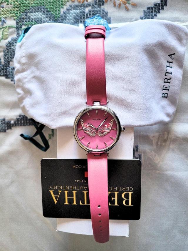 Bertha Women's 3D Angel Wings Pink Leather Watch