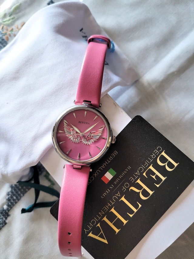 Bertha Women's 3D Angel Wings Pink Leather Watch - photo 2