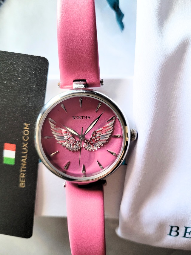 Bertha Women's 3D Angel Wings Pink Leather Watch - photo 5