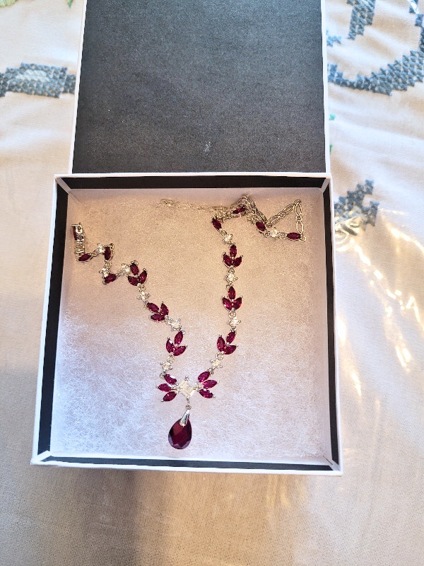 Sterling Silver 925 Red Ruby & White Sapphire Necklace