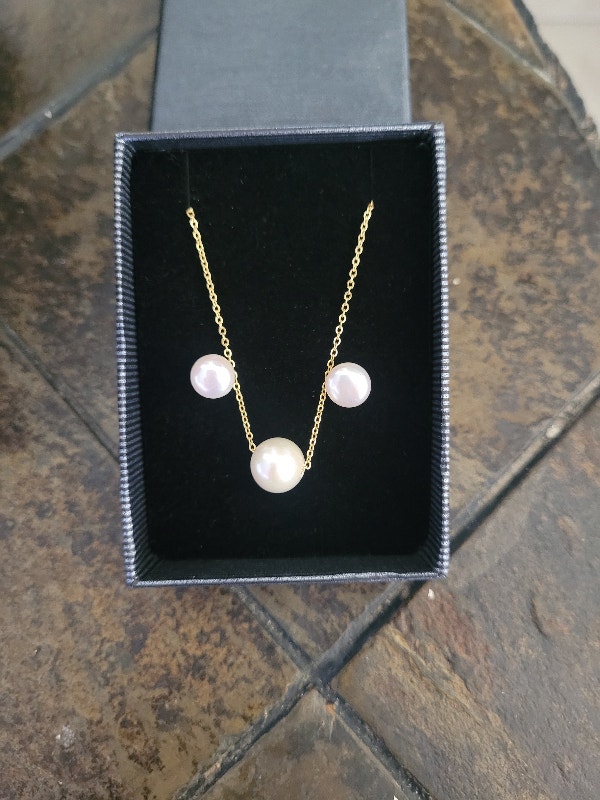 Pearl Earrings & Necklace Set 925 Sterling Silver Gold Plated