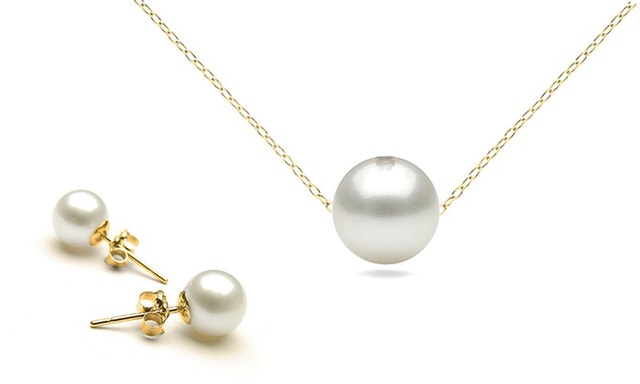 Pearl Earrings & Necklace Set 925 Sterling Silver Gold Plated - photo 2