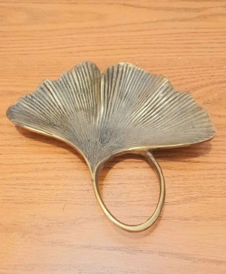 Unique Antique Handmade Signed Artist Brass Ginkgo Dish image indicator(2)