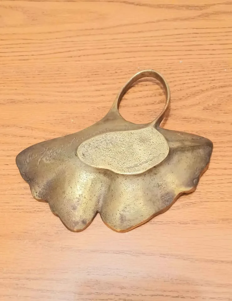 Unique Antique Handmade Signed Artist Brass Ginkgo Dish image indicator(3)