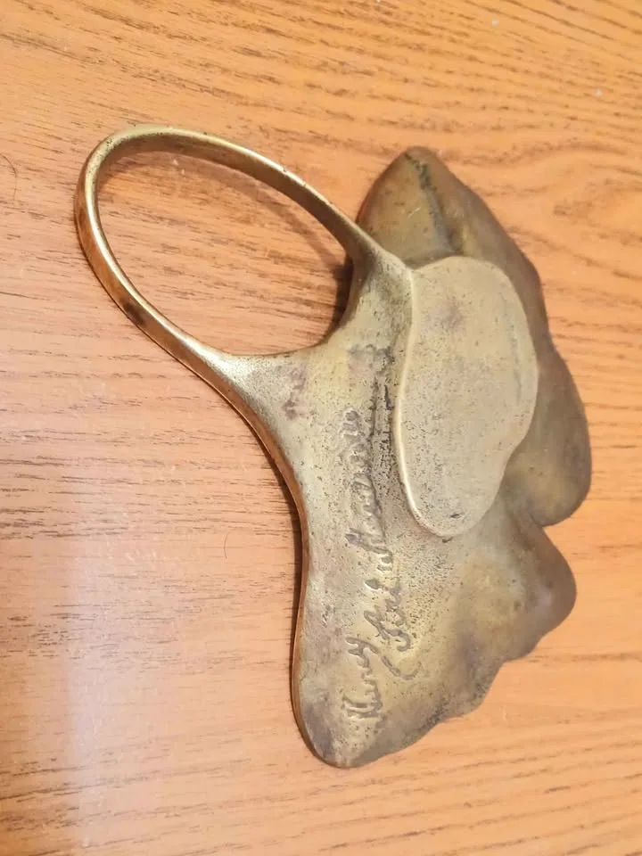 Unique Antique Handmade Signed Artist Brass Ginkgo Dish image indicator(4)