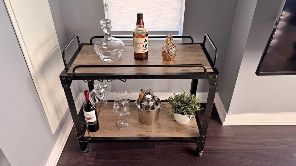 Industrial Bar Cart + Mixology Set + Wine Glasses