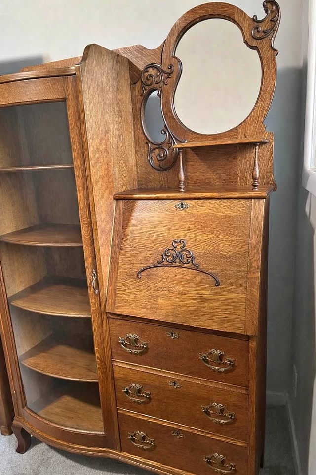 Antique Victorian Tiger Oak Bowed Glass Secretary Desk