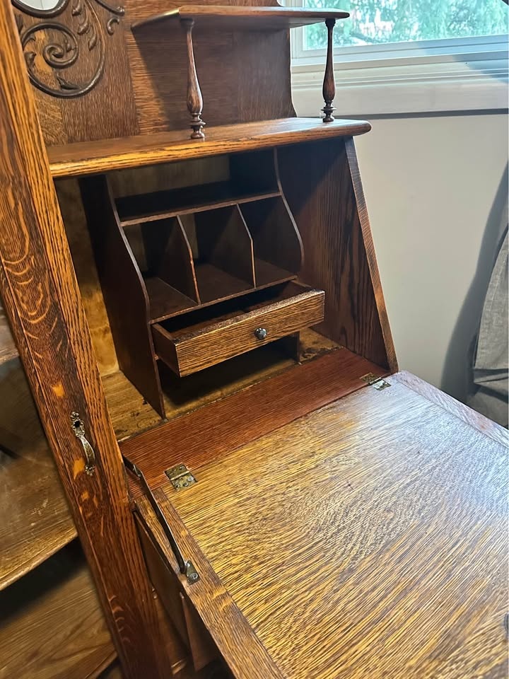 Antique Victorian Tiger Oak Bowed Glass Secretary Desk - photo 2