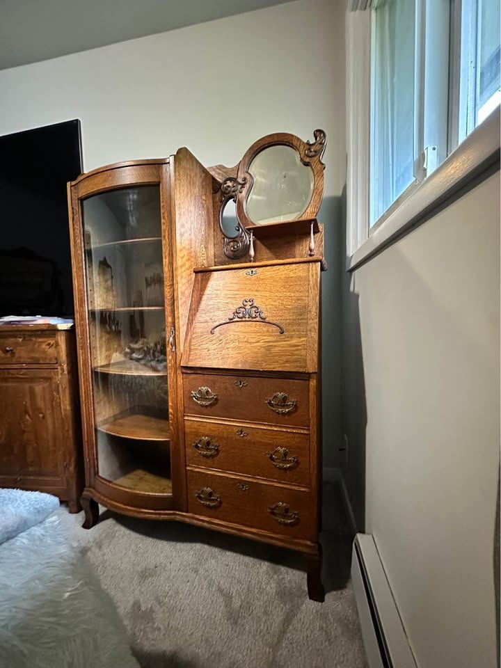 Antique Victorian Tiger Oak Bowed Glass Secretary Desk - photo 4