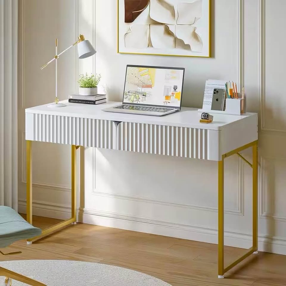 47 in. White & Gold Fluted Computer Desk